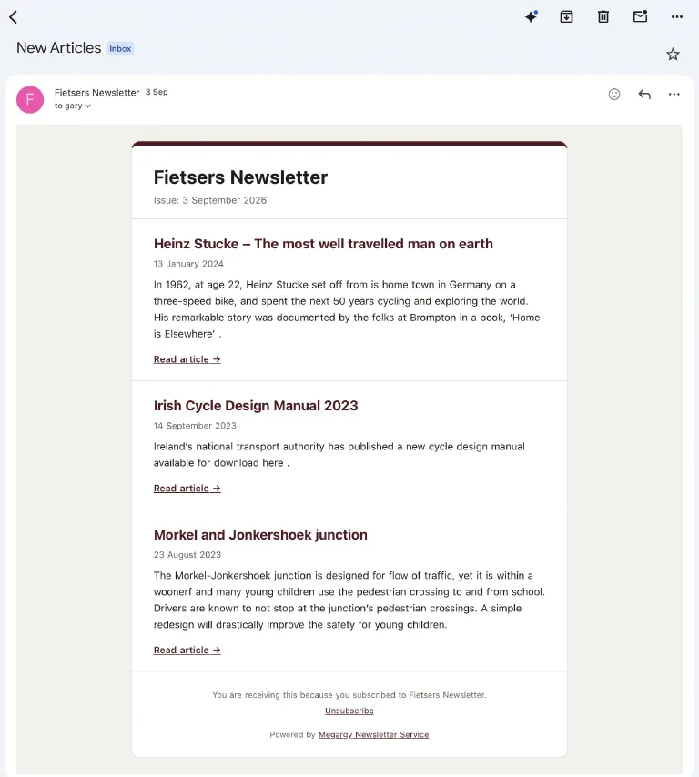 Fietsers Newsletter email with three cycling articles, Read article links, and the Unsubscribe and Powered by Megargy footer.